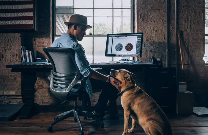 owner and dog working at home